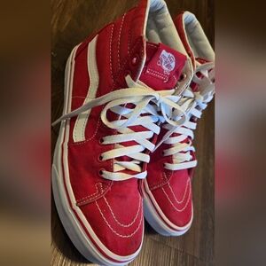 Vans Red and White High-Top Sneakers